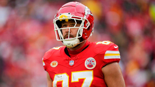 Kansas City Chiefs tight end Travis Kelce during pregame warm-ups.
